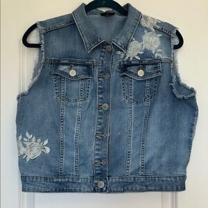 a.n.a Blue Denim Vest with White Floral Embroidery